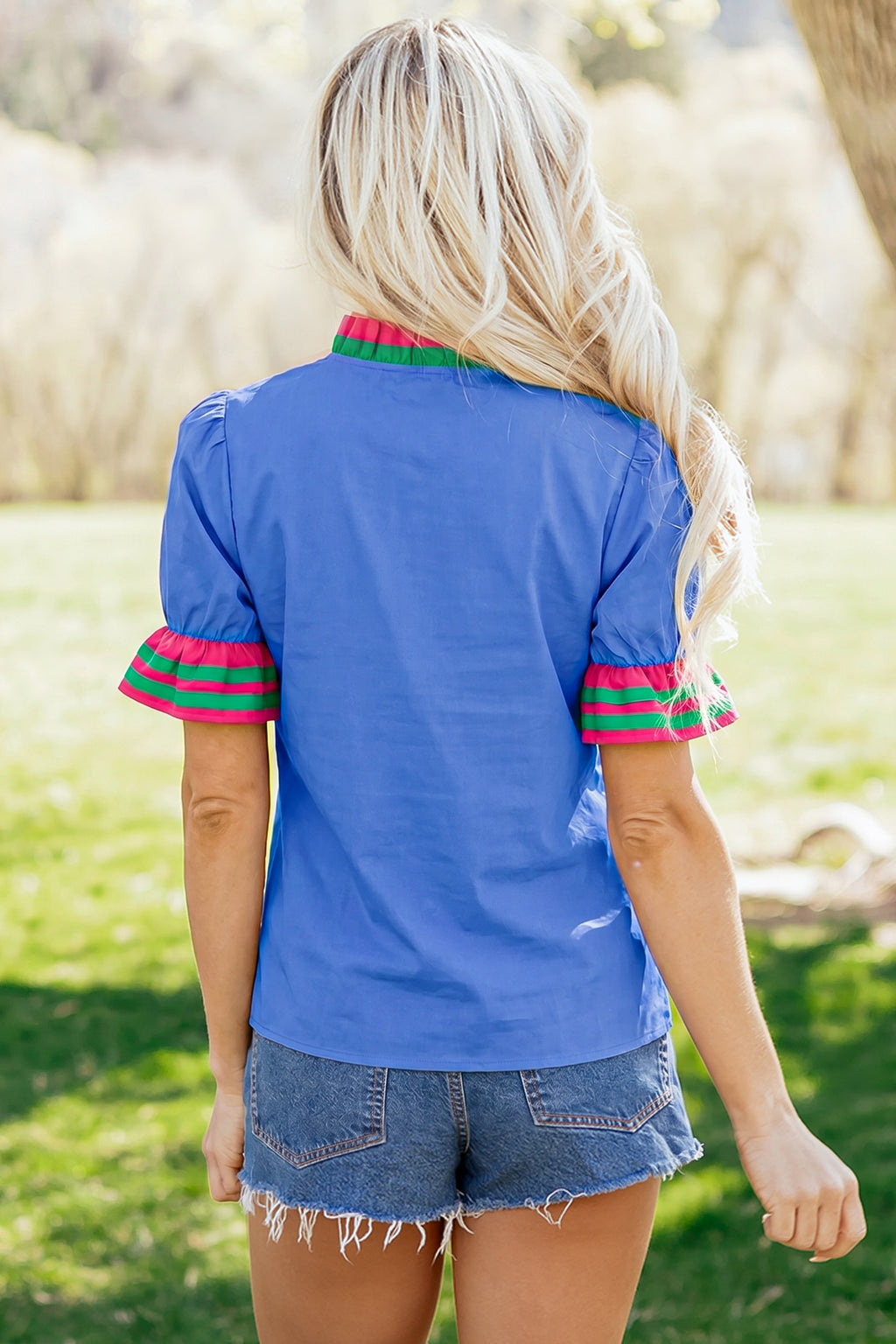 Striped Frilled Collar Ruffled Short Sleeve Blouse