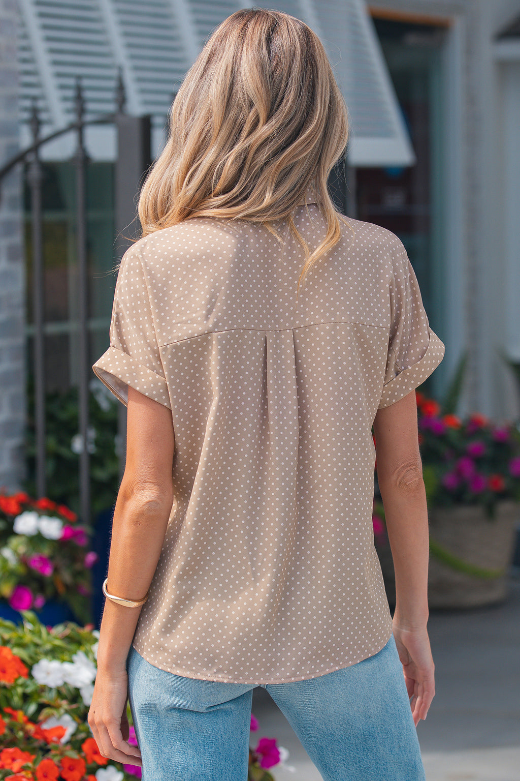 Dotted Print Cuffed Short Sleeve Shirt