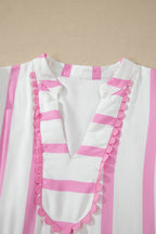 Pink Stripe Ricrac Trim Notched Neck Half Sleeve Vacation Dress