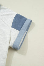 Light Grey Denim Color Block Patchwork Shirt Collar Short Sleeve Blouse
