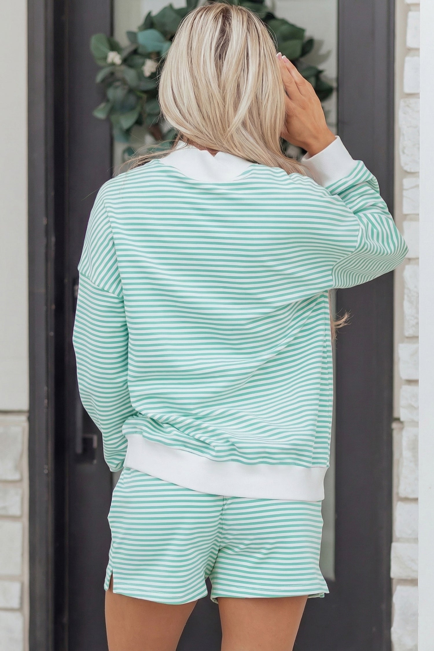 Striped Oversize Mock Neck Sweatshirt and Shorts Set