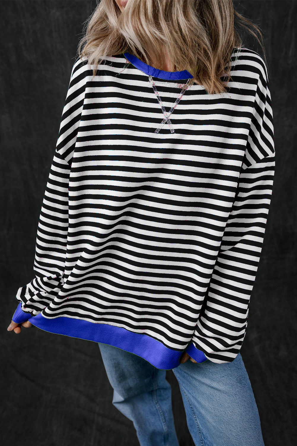 Stripe Oversized Contrast Trim Pullover Sweatshirt
