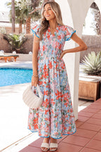 Apricot Floral Print V Neck Contrast Trim Flutter Sleeve Long Dress