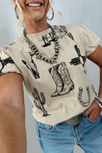 Beige Retro Western Print T Shirt