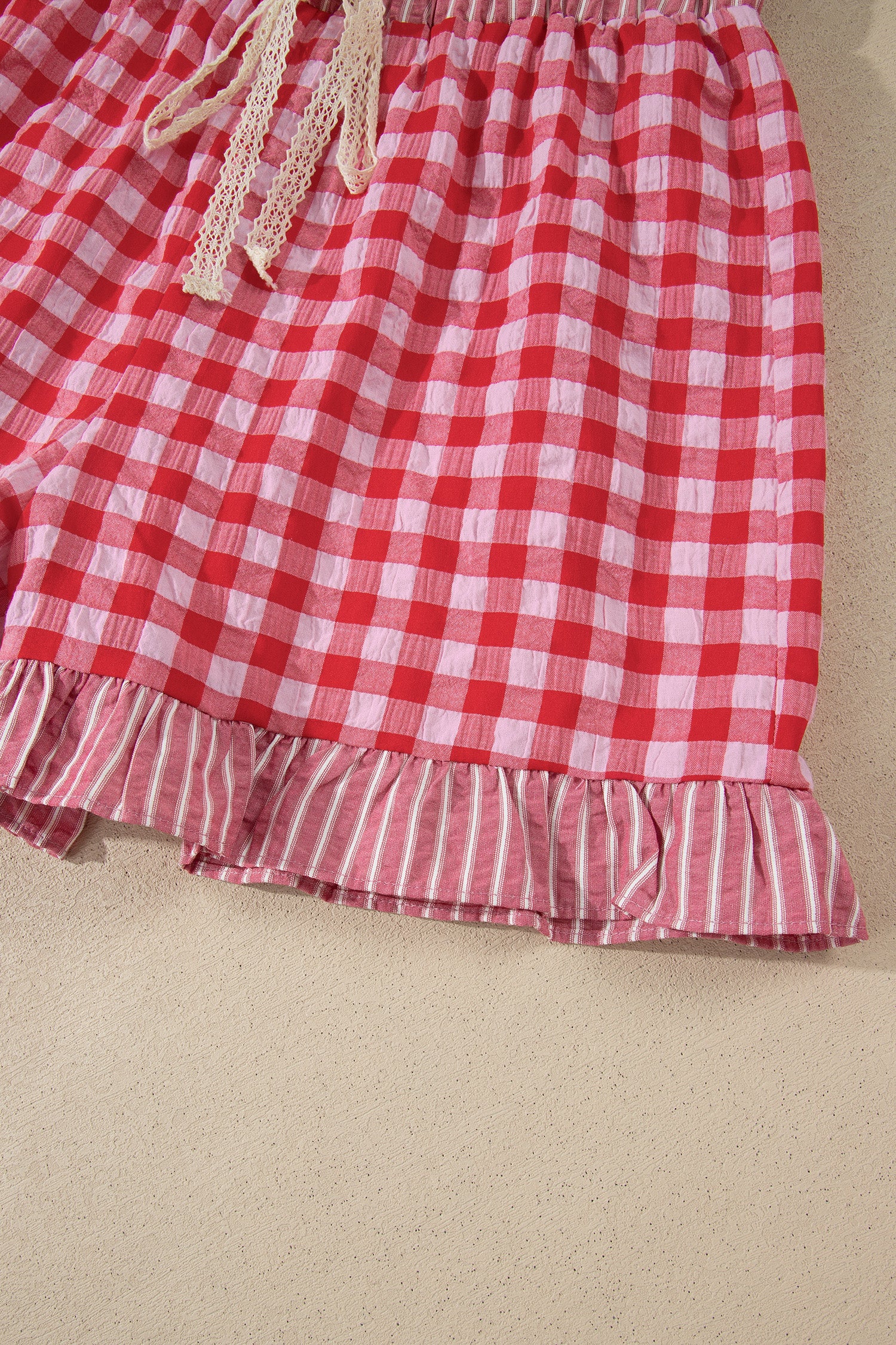 Gingham Print Ruffle Striped Detail Lace Tie Shorts