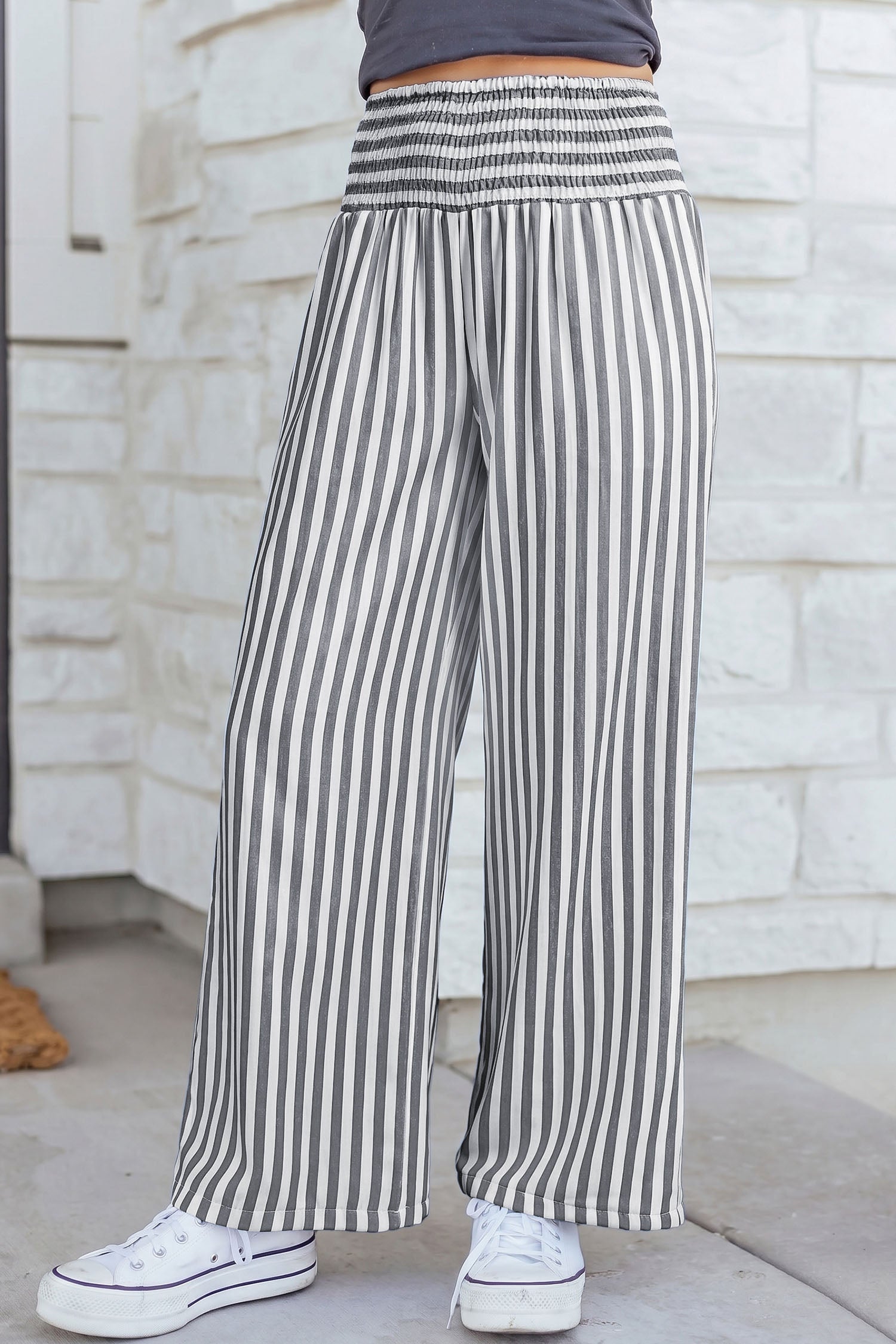 Striped Shirred High Waist Loose Summer Pants