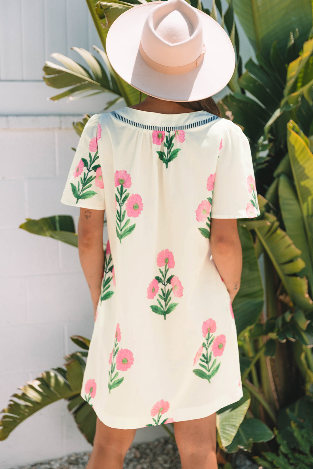 Floral Short Sleeve Split Neck Loose Mini Dress