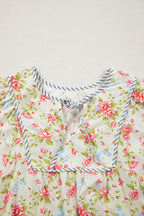 Apricot Striped Edge 3/4 Puff Sleeve Floral Dress