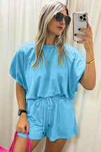 Solid Colour Puffy Loose Top Drawstring Shorts 2pcs Outfit