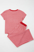 Striped Crew Neck Tee Drawstring Waist Cropped Pants Set
