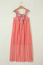 Pink Stripe Ruffled Straps Ribbon Knot Flowy Vacation Maxi Dress
