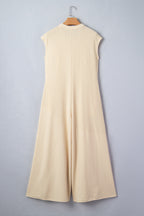 Jet Stream Half Buttons Ribbed Knit Wide Leg Jumpsuit