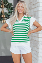 Striped Collar V Neck Ruffled Short Sleeve Blouse