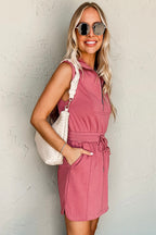 French Terry Zipped Collar Sleeveless Drawstring Waist Mini Dress
