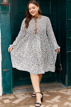 Plus Size Button V Neck Leopard Print Puff Sleeve Loose Mini Dress