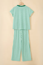Striped Crew Neck Tee Drawstring Waist Cropped Pants Set