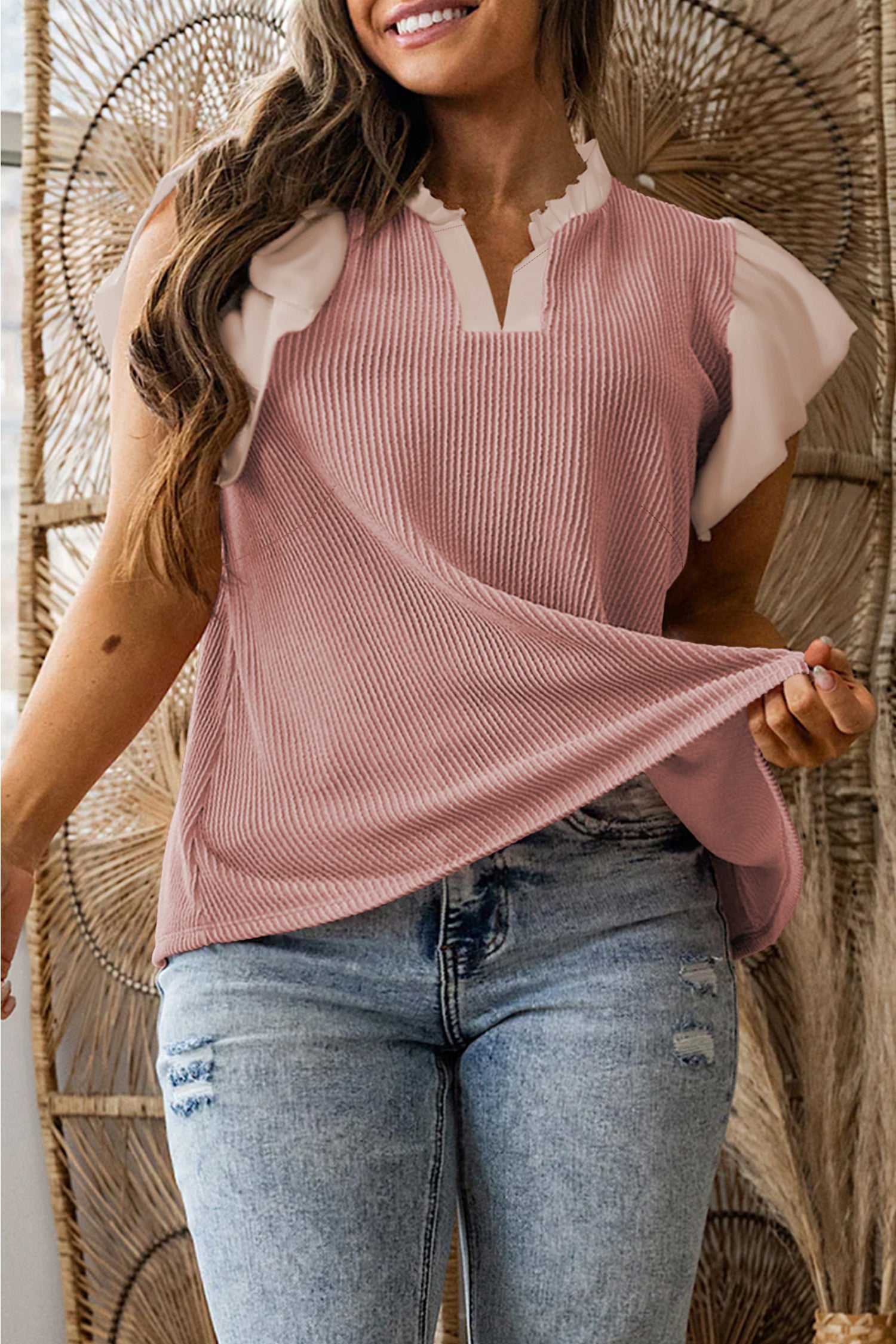 Plus Size Contrast Frilled Neckline Ruffled Short Sleeve Ribbed Textured Blouse