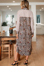 Striped Contrast Leopard Patchwork Long Shirt Dress with Slits