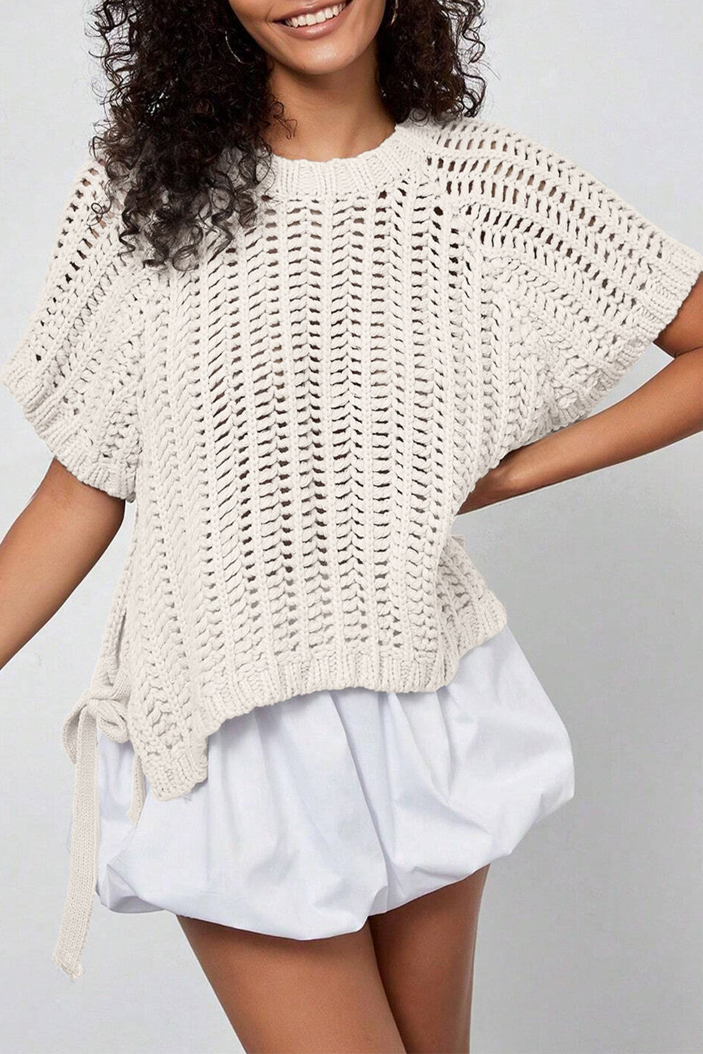 Plus Size Open Knit Bow Tie Short Sleeve Sweater
