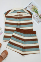 White Stripe Button Polo Collar Tee Drawstring Elastic Waist Patchwork 2pcs Short Set