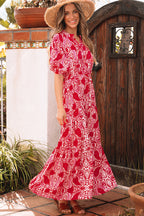 Red Paisley Print Side Slit Puff Sleeve High Waist Maxi Dress