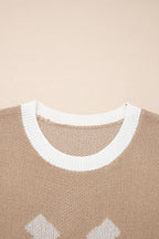 Horse Shoe Pattern Contrast Trim Short Sleeve Sweater