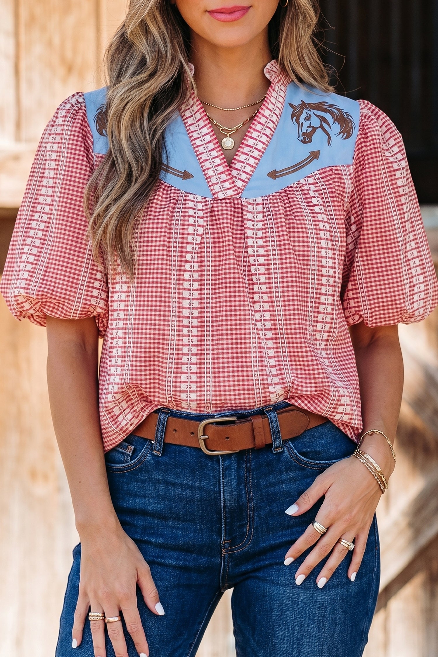 Western Pony Embroidered Yoke Puff Sleeve Gingham Blouse