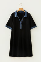 Black Colorblock Denim Collar Short Sleeve Plus Size Shift Dress