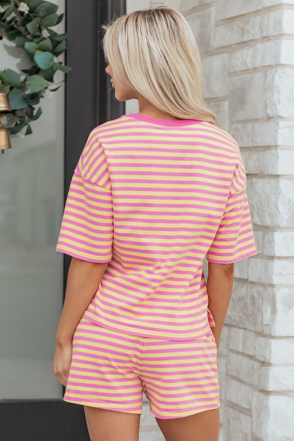 Striped Drop Shoulder Boxy Casual Terry Short Set
