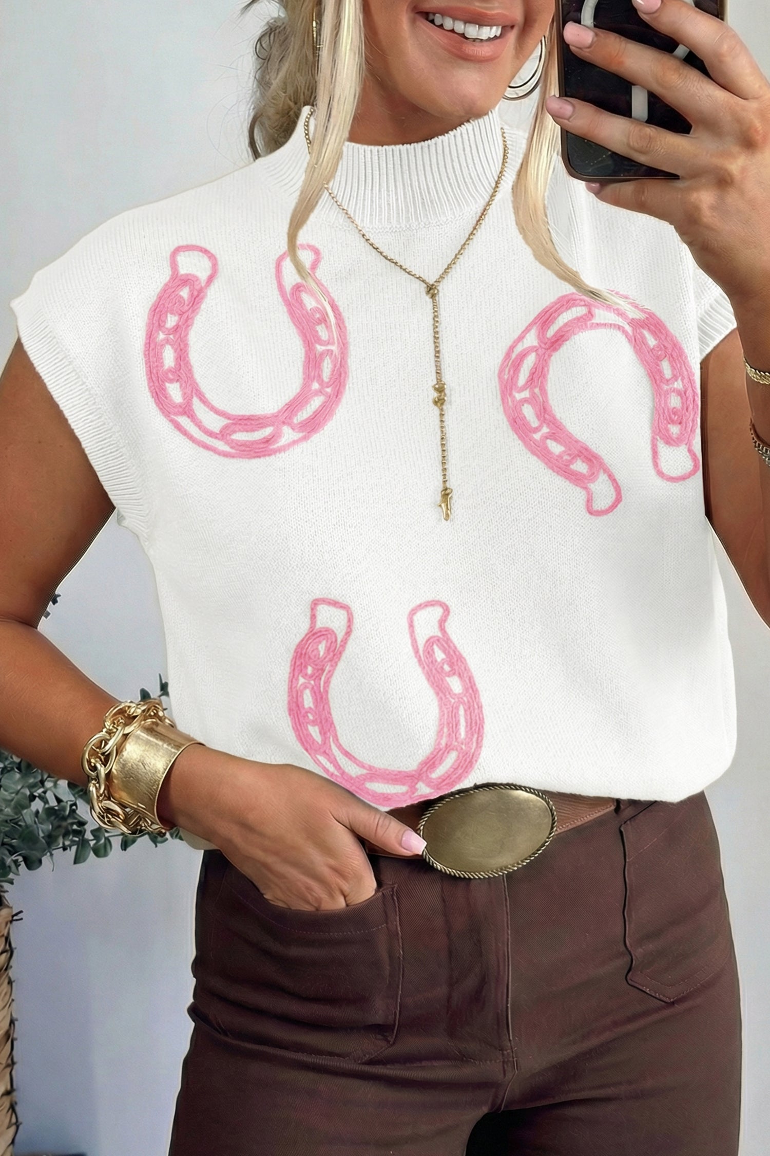 Corded Horseshoes Ribbed Trim Mock Neck Short Sleeve Sweater