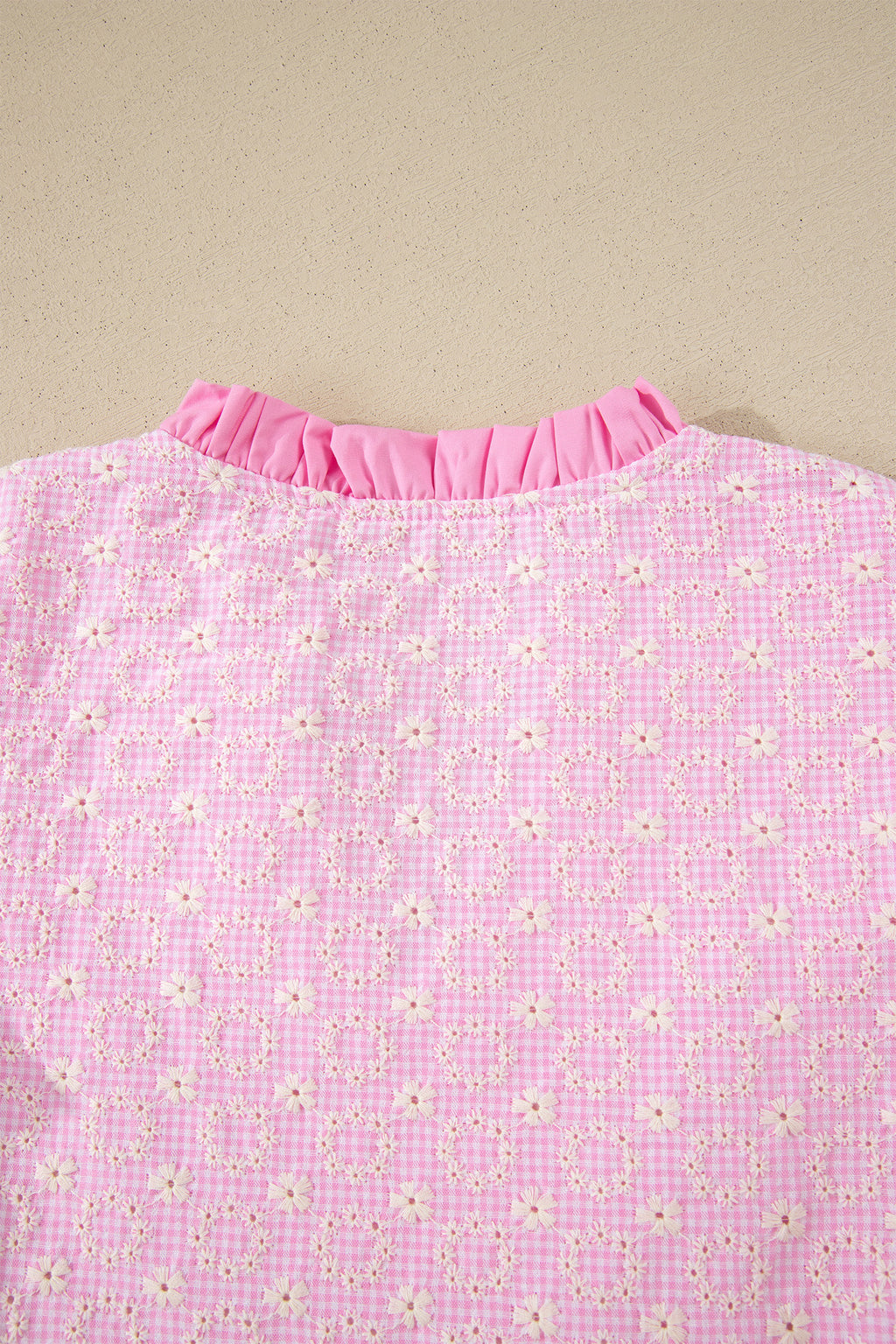 Eyelet Embroidered Flower Texture Contrast Lace Trim Flutter Sleeve Blouse