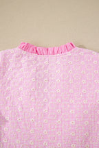 Eyelet Embroidered Flower Texture Contrast Lace Trim Flutter Sleeve Blouse