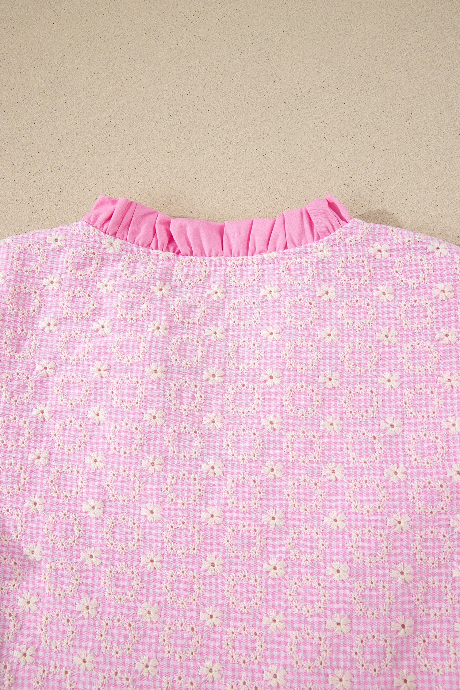Eyelet Embroidered Flower Texture Contrast Lace Trim Flutter Sleeve Blouse