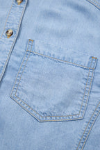 Beau Blue Half Sleeve Button Down Ruffled High Low Chambray Shirt