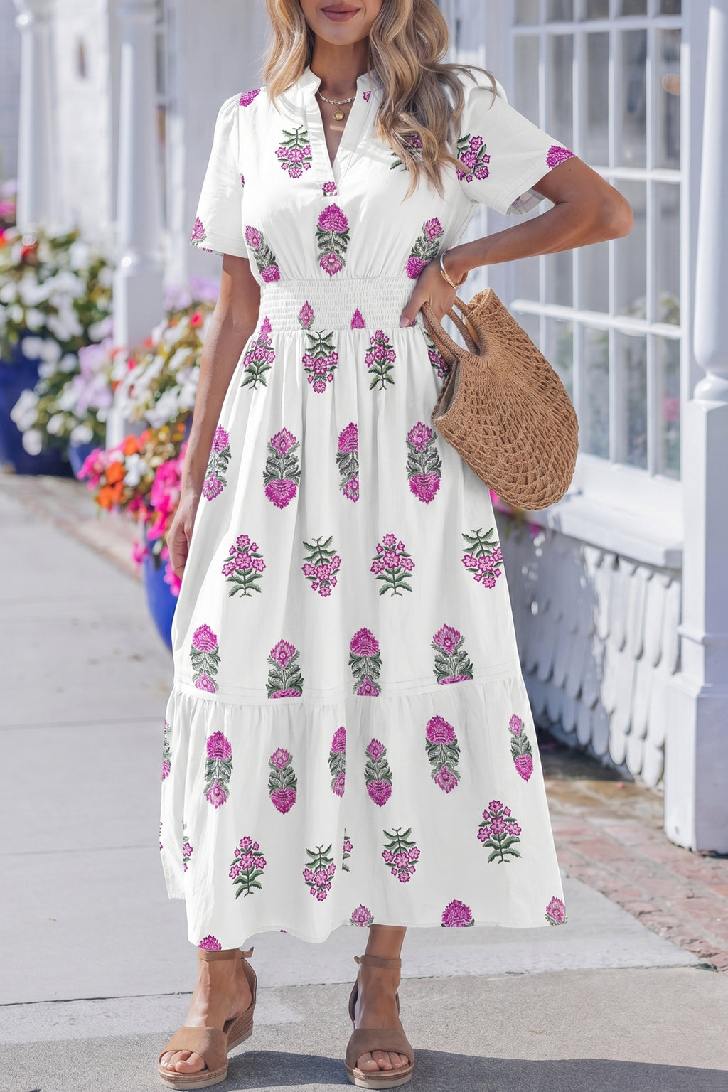 Floral Print Split Neck Shirred High Waist Ruffle Hem Maxi Dress