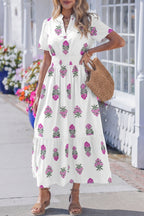 Floral Print Split Neck Shirred High Waist Ruffle Hem Maxi Dress