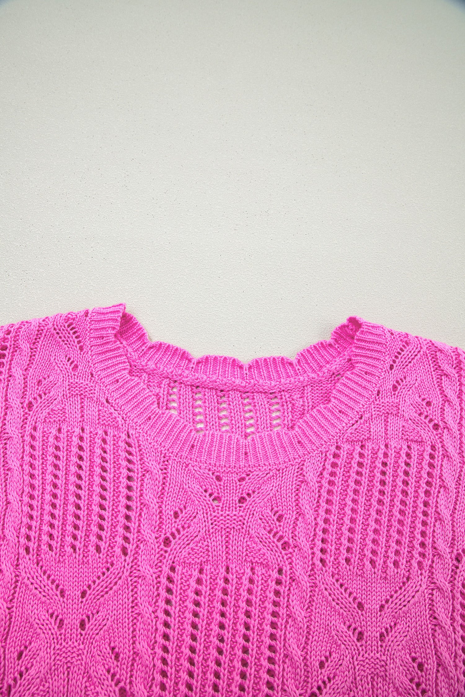 Pointelle Knit Patterned Scalloped Trim Short Sleeve Sweater