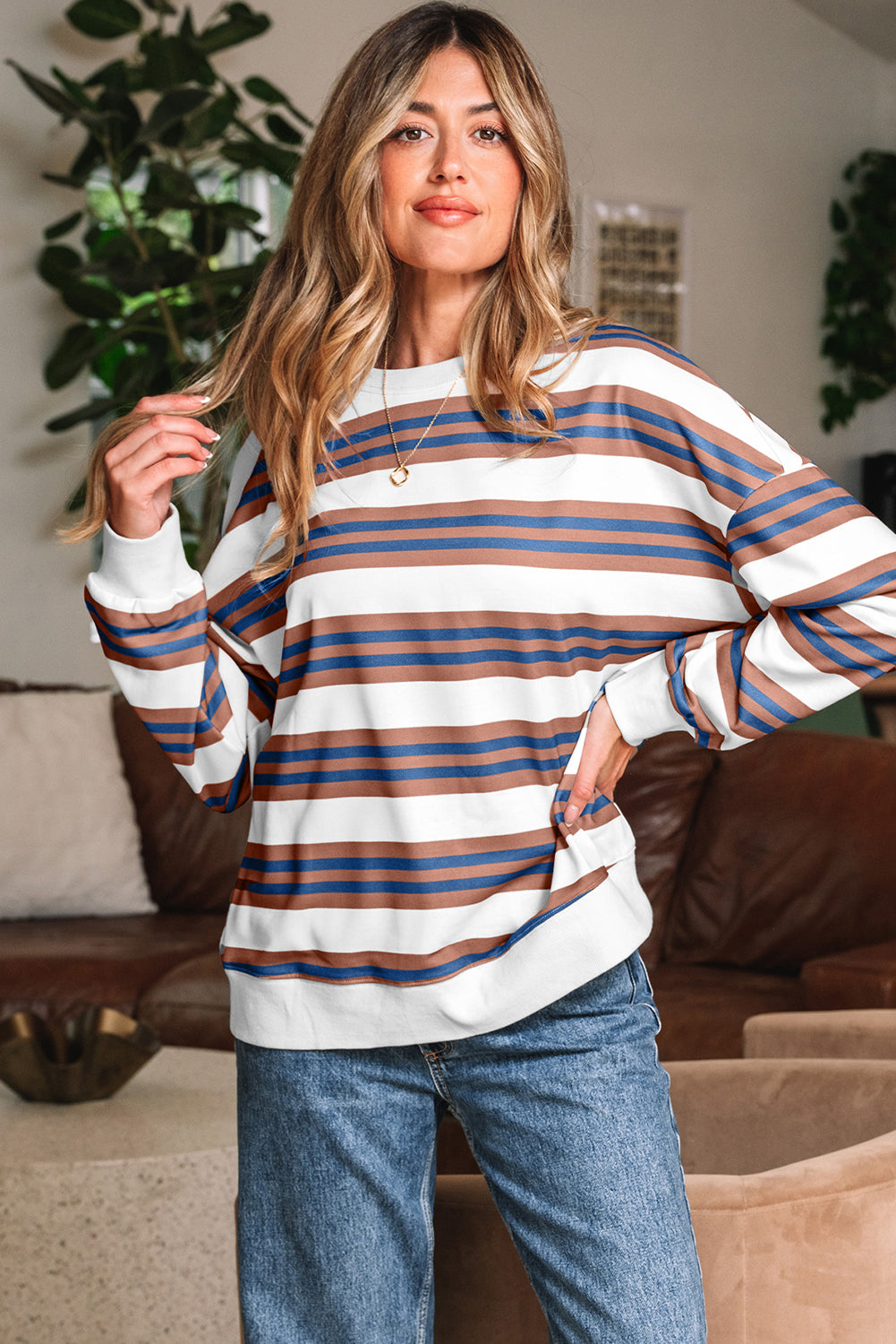 Striped Crew Neck Drop Shoulder Pullover Sweatshirt