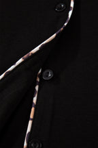 Black Leopard Patchwork Trim Lapel Shirt Drawstring Shorts 2pcs Pajama Set