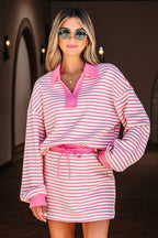Striped Collared V Neck Drop Shoulder Pullover and Skort 2pcs Outfit