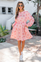 Polka Dot Printed Long Sleeve Flared Mini Dress