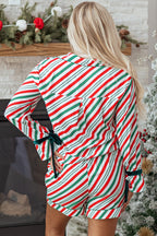 Green Stripe Contrast Velvet Ribbon Knot Christmas 2pcs Pyjama Set