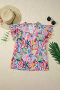Pink Tropical Floral Print Frilly Notched Neck Ruffled Short Sleeve Blouse