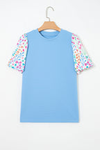 Light Blue Round Neck Textured Contrast Floral Bubble Sleeve Blouse