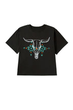 Carbon Grey Plus Size Western Aztec Bull Skull Printed T Shirt