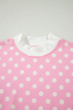 Polka Dot Print Color Block Trim Mock Neck Short Set