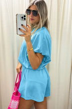 Solid Colour Puffy Loose Top Drawstring Shorts 2pcs Outfit