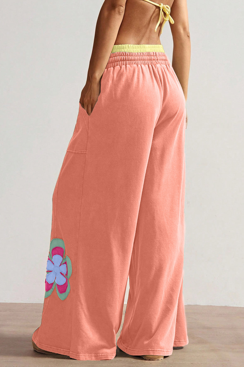 Colour Block Flower Patchwork Drawstring Contrasted Elastic Waist Wide Leg Pants
