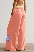 Colour Block Flower Patchwork Drawstring Contrasted Elastic Waist Wide Leg Pants