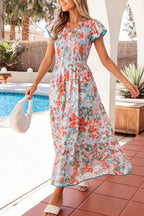 Apricot Floral Print V Neck Contrast Trim Flutter Sleeve Long Dress